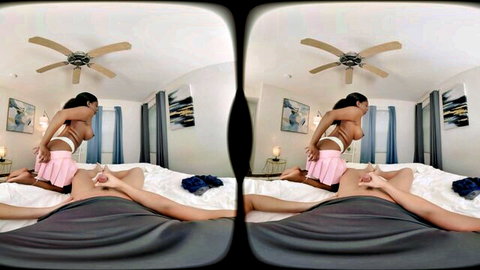 Anne Amari as stepsis, ebony beauty bent over in pink skirt, VR POV tease
