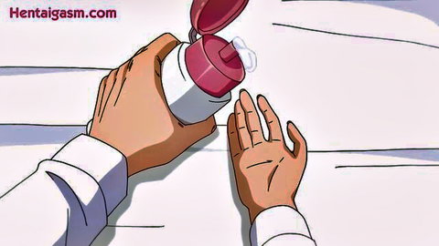 Hentai animation: Hands pouring clear liquid from white bottle with red cap