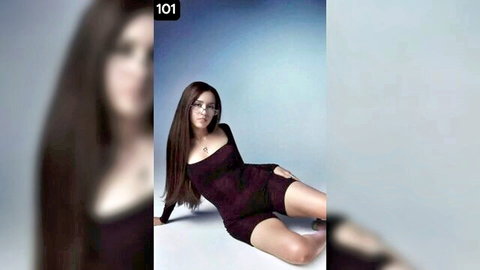 Pokimane lookalike in seductive black bodysuit JOI pose, long hair and glasses