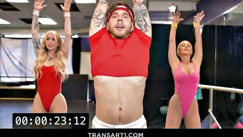 Gracie Jane and Queenie Sateen in red and pink swimsuits with Steve Ricks jumping workout