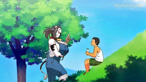 Hentai fox girl with massive bare tits gestures finger at young boy sipping drink outdoors