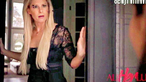 Zoe Bloom in black lace dress shocked by India Summer in adult scene
