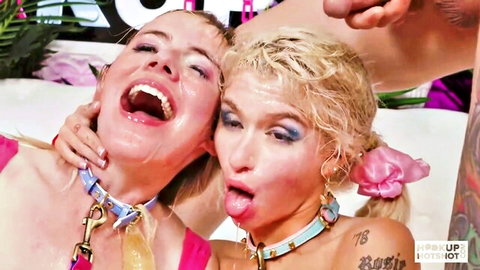 Rebel Rhyder and Emma Rosie wet and playful in collars, laughing hookup