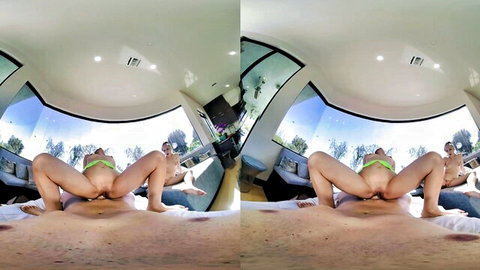 Skinny Asian with long hair spreads shaved pussy over hard cock in VR POV squat