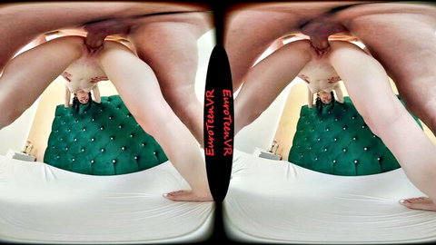 Brunette babe rides cock reverse cowgirl VR POV with visible pussy penetration on green bed