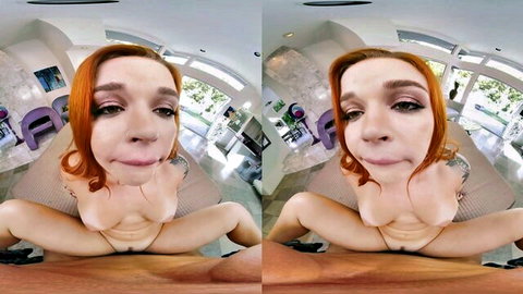 Freckled redhead with huge tits spreads shaved pussy wide in closeup POV squat