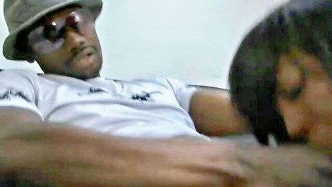 Ebony woman in French casting performs blowjob on muscular man