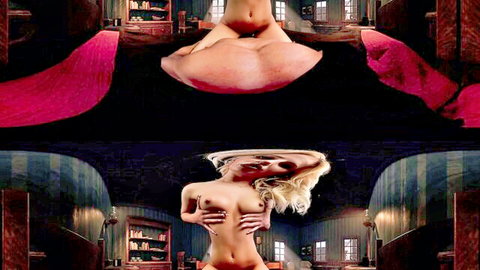 Blonde nude woman posing explicitly in mirror for Evil Cowgirl scene