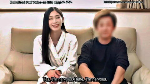 Nervous Asian couple in robe for anniversary nude photo shoot NTR