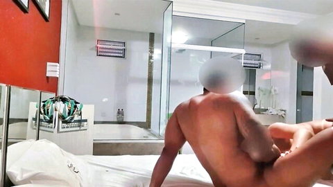 Muscular naked Brazilian bull touched by hand in cuckold scene