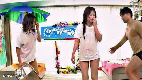Wet t-shirt Asian college girls squirting in threesome battle with guy