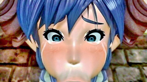 Hentai blue-haired elf girl ahegao face with crossed eyes, drooling tongue out, blushing orgasm expression