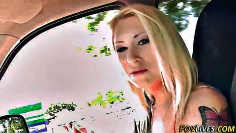 Blonde tattooed teen in POV car tease from Innocent High