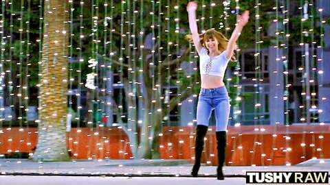 Riley Reid in crop top, jeans, thigh-high boots, dancing outdoors for Tushy Raw