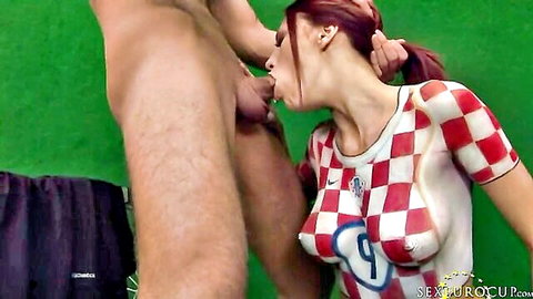 Redhead Croatian flag body painted babe sucks hairy balls in soccer jersey