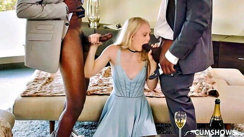 Lily Rader blonde in blue dress gives blowjob to two BBCs in threesome