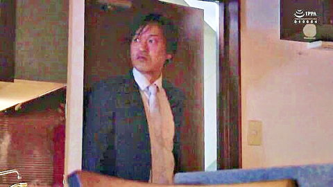 Reiko Kobayakawa in JUY 882 NTR mature drama, suited man in doorway scene