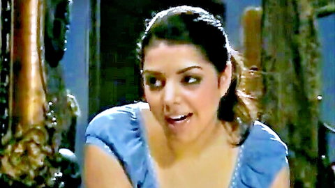 Sasha seductive smile in blue off-shoulder top, Forbidden Lust