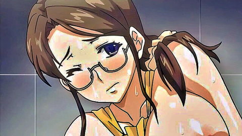 Anime woman with big breasts, glasses, ponytail, sweating in yellow top