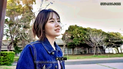 Nozomi Maezono smiling outdoors in denim jacket, casual JAV preview