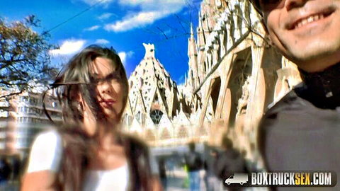 Alexa Tomas smiling in public box truck sex selfie at Sagrada Familia