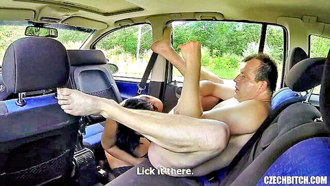 Brunette babe licks older man's hard cock in car backseat amateur public sex