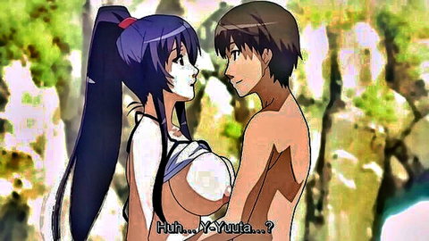 Hentai girl with massive exposed tits stares at naked muscular guy's ass from behind in forest