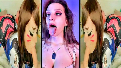 Sexy brunette babe sticks out long wet tongue teasing deepthroat with big cleavage tits