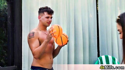 Muscular guy holds basketballs by pool with busty stepmom, teasing double fuck fun