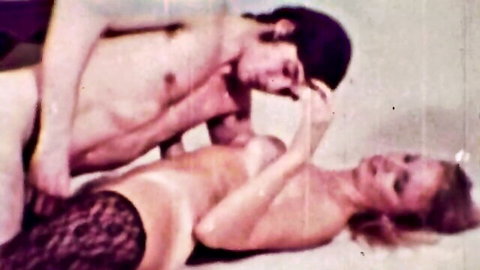 Retro couple in passionate missionary sex, blonde in lace panties