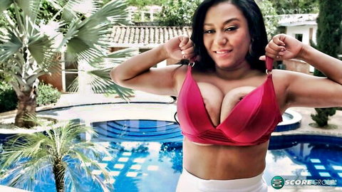Shanie Gaviria in revealing red bra, big tits tease poolside