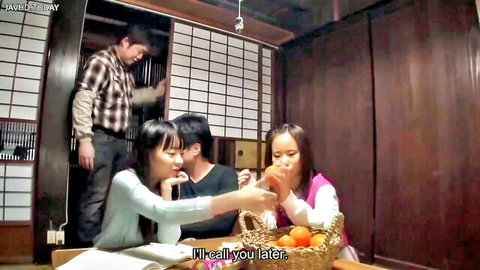 Japanese women and men in casual home gathering, JAV incest roleplay with Yui
