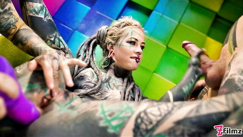 Tattooed alternative blonde in intense threesome with anal penetration and toys