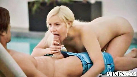 Kylie Page blonde bombshell giving intense poolside blowjob