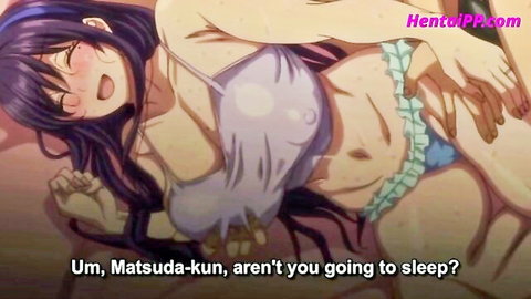 Anime MILF with purple hair seducing young man, exposed big breasts and lingerie