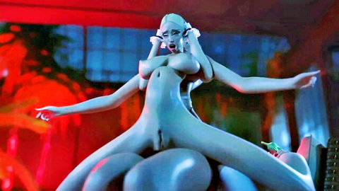 3D animated futanari threesome with blue multi-limbed female in explicit pose