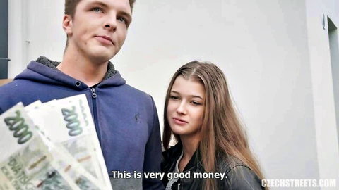 Czech guy flashes thick stack of cash to hot young brunette teen in leather jacket outdoors