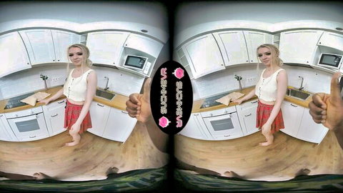 Pretty Di busty petite blonde in VR interracial kitchen tease
