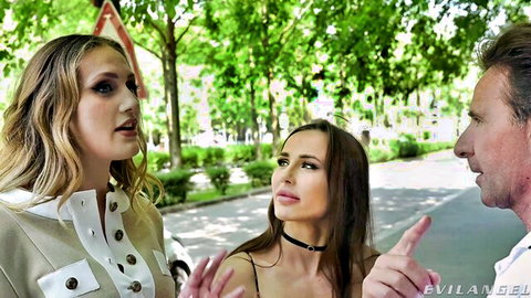 David Perry talks with blonde and brunette models outdoors, Evil Angel scene