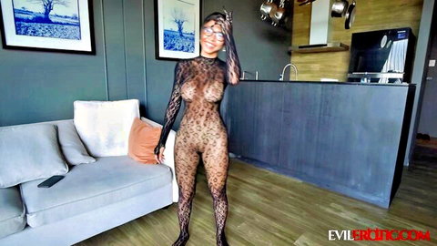 Curvy ebony babe in sheer black leopard bodysuit teasing big tits pussy and ass in kitchen