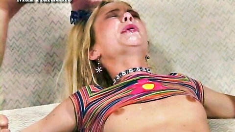 Blonde teen with facial cumshot, exposed small tits after anal