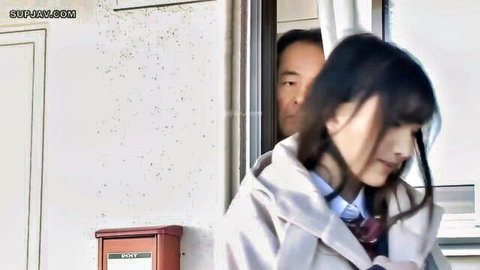 Asian schoolgirl in uniform approached by peeping old man at door
