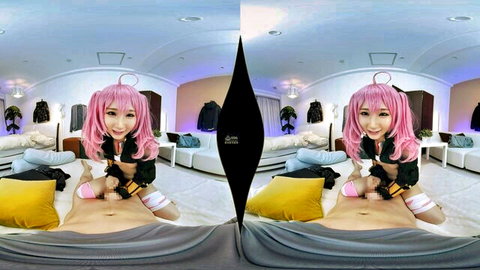 Pink-haired Asian cosplay girl in VR POV straddling viewer intimately
