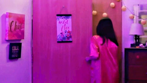 Filipino beauty in pink silk robe teasing solo in bedroom