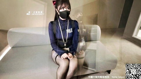 Asian babe in tight police uniform, kinky boss discipline tease, Nana Taipei