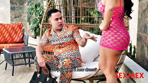 Curvy big tits Latina MILF in see-through pink fishnet dress teases surprised guy outdoors