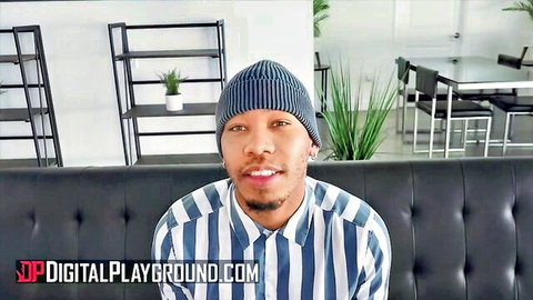 Ricky Johnson in striped shirt, ready for action with Payton Preslee at Digital Playground