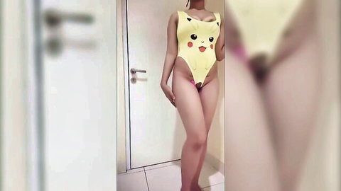 Sexy Indonesian woman in revealing Pikachu swimsuit posing provocatively