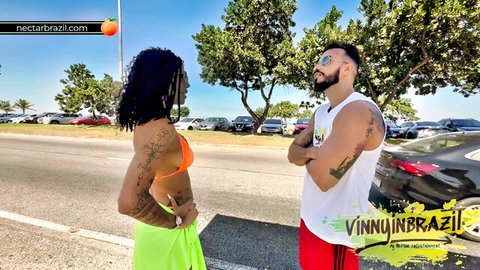 Mih Ninfetinha in orange bikini with Vinny Brazil street pickup