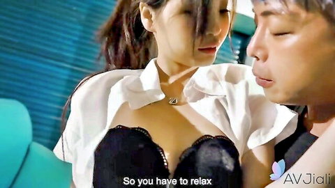 Xiang Xiang in open shirt and black lace bra with man in intimate JAV scene